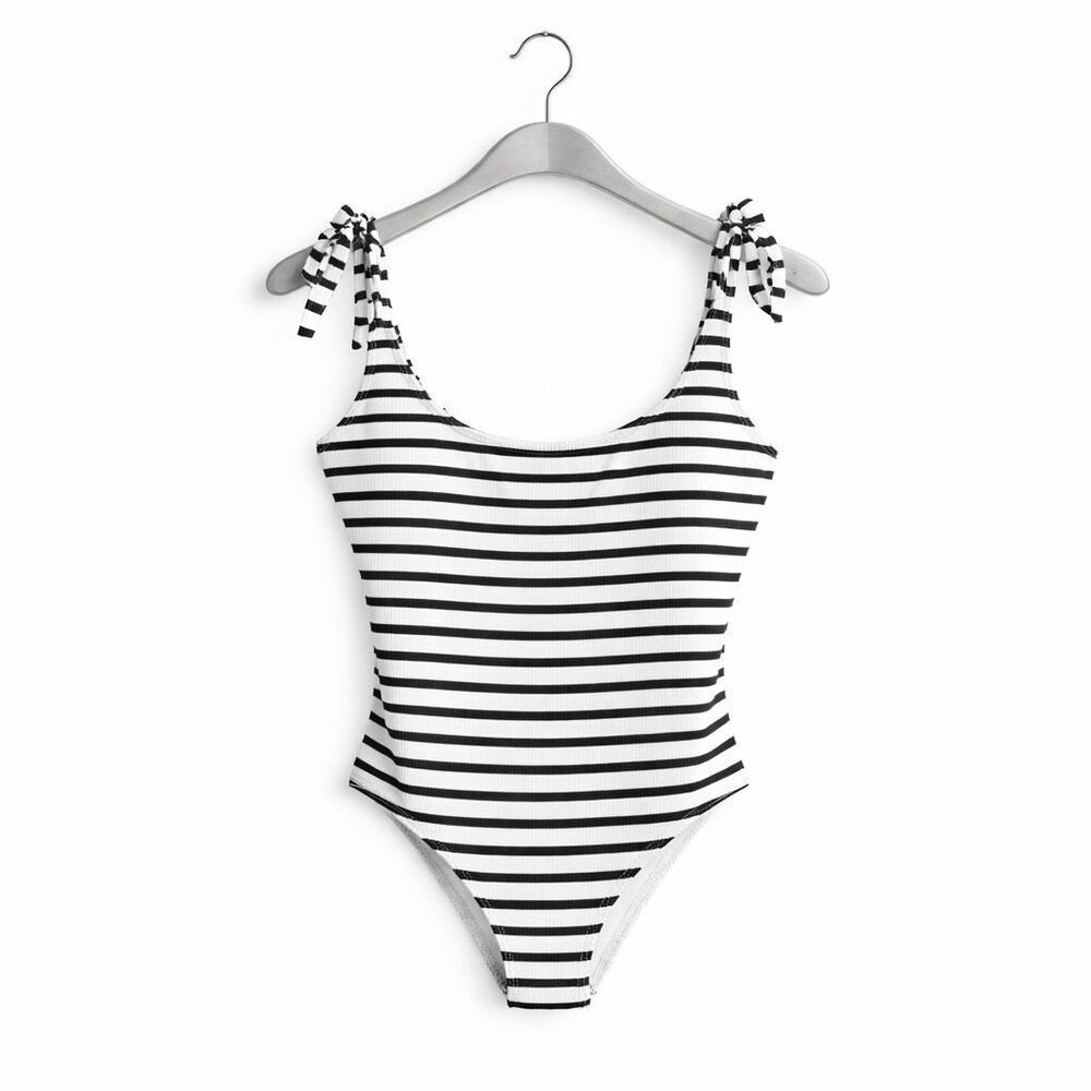 & Other Stories Ribbed Tie Shoulder One Piece Swimsuit Striped US 10 NWT